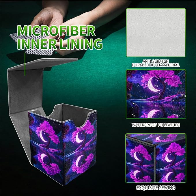Purple Moon Tree Card Deck Box for MTG, Personalized Card Storage Case Fits 120+ Sleeved Cards, Premium Leather TCG Box with Strong Magnetic Closure for Magic, CCG, PTCG, Baseball Cards