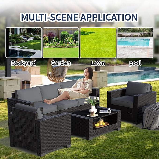 SHGJ&SOFT 7 Piece Patio Furniture Set, Wicker Outdoor Sectional Sofa with Washable Cushion Covers and Tempered Glass Table, Rattan Conversation Set for Poolside