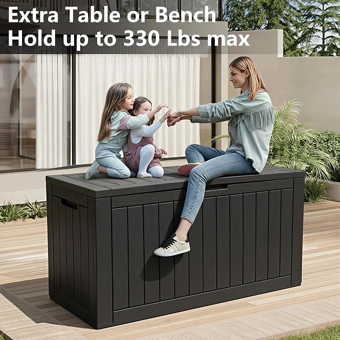 KAMABOKO 110 Gallon Waterproof Large Resin Deck Box, Lockable Large Outdoor Storage Box Indoor Outdoor Storage Container for Patio Cushions, Gardening Tools, Pool Supplies, Black