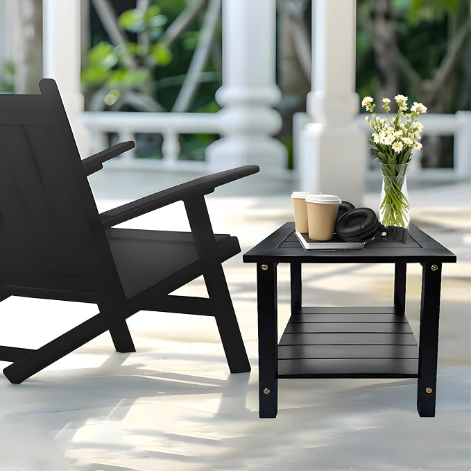 Small Acacia 16 Inches Outdoor Side Table Double Adirondack Side Table Sturdy Patio End Table Weather Resistant Wood End Tables for Garden, Backyard, Bed, Living Room, Couch