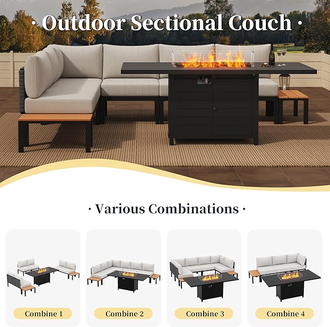 PIZZELLO 9-Piece Patio Furniture Set with 62" Fire Pit Table Outdoor Sectional Sofa Set with Coffee Table, Patio Conversation Set, Beige (6" Thickened Cushions Included)
