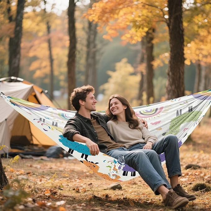 Qilmy Rainbows and Llama Camping Hammock Single – 330 lbs Capacity, Lightweight with Tree Straps & Carabiners, Portable for Hiking, Travel, Backpacking