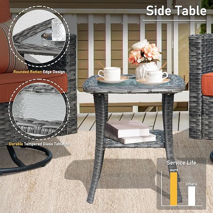 HOOOWOOO Wicker Outdoor Swivel Bistro Set for 2,3 Piece Patio Rocking Chairs and Table,All Weather Resistant Outside Out Door Rattan Rockers Furniture Set,Orange Red