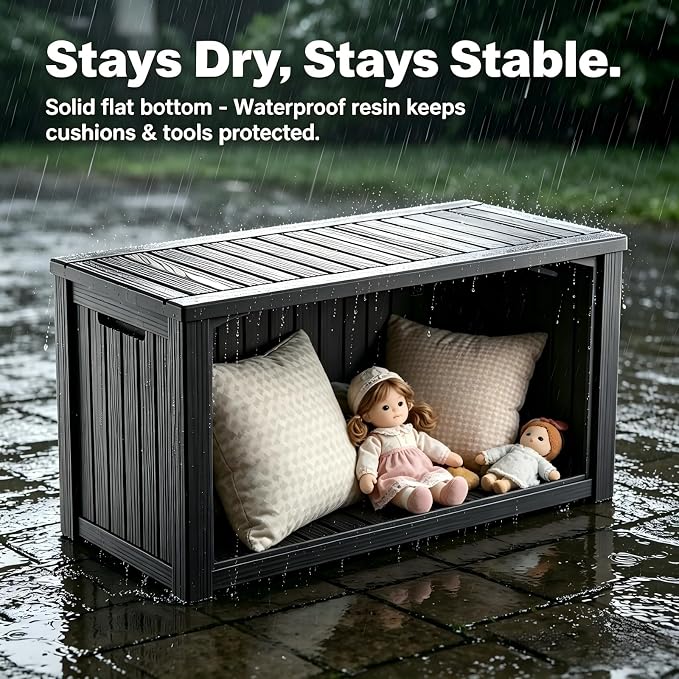 180 Gallon Outdoor Storage Box Waterproof, Large Resin Deck Box with Lockable Lid & Soft-Close Hydraulic Struts, Outside Storage Box for Patio Furniture, Garden Tools, Pool Accessories, Black