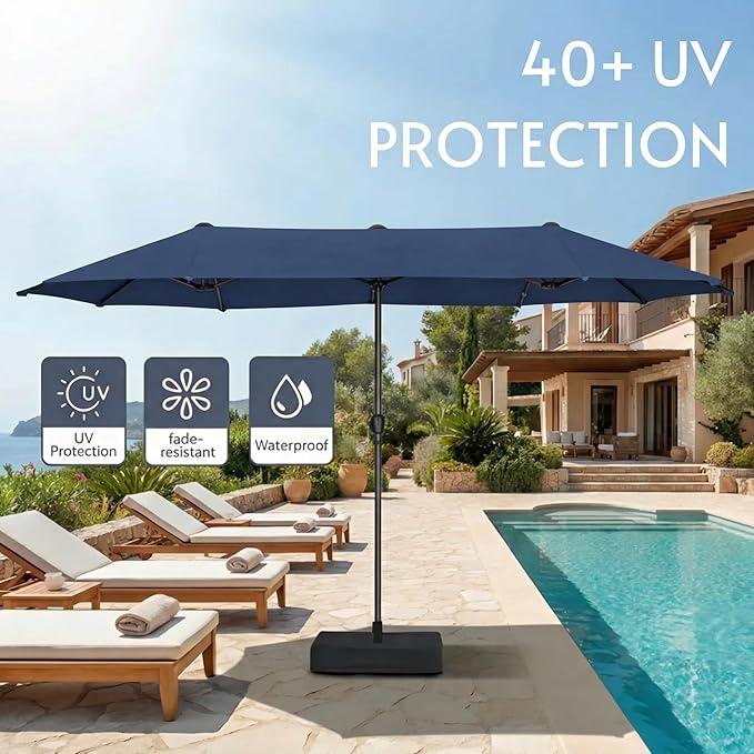 15ft Large Patio Umbrellas with Base Included, Outdoor Double-Sided Rectangle Market Umbrella with Stand, Outside Umbrellas for Poolside Lawn Backyard