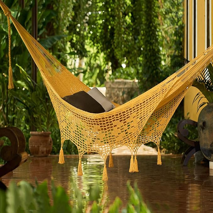 NOVICA Handmade Amber Cotton Hammock (Triple) with Macrame Panels - Double-Sized, Comfortable and Durable Outdoor Hamaca for Travel, Camping - 100% Cotton, Holds up to 550 lbs, Mirage in Amber'