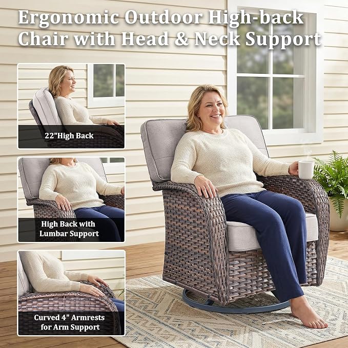 4-Piece Luxury Patio Furniture Set with Fire Pit Table, Weather Resistant Rattan High Back Swivel Rocker Chairs Senior Friendly Conversation Set for Small Porch Deck Sunroom Brown/Beige