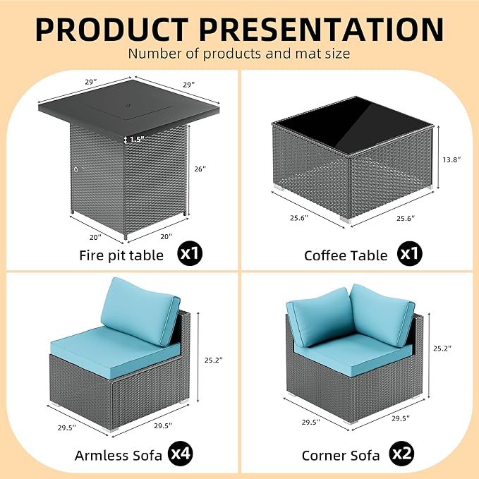 Patio Furniture Set with Fire Pit, All-Weather Outdoor Sectional Patio Furniture Set Including 7-Seated Sofa, 28" Gas Fire Pit Table,Coffee Table for Any Patio,Blue