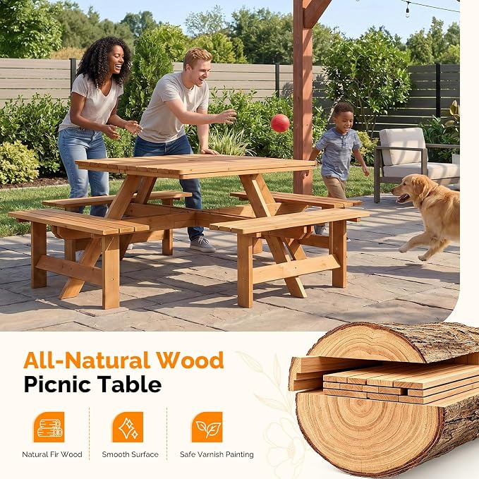 VINGLI 8-Person Wood Picnic Table Sqaure Picnic Table with Umbrella Hole and 4 Built-in Benches, Outdoor Dining Tables and Chairs 500 LBS Bench Capacity (Natural, Sqaure)