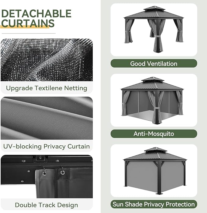 Aoxun Hardtop Gazebo 12x12 with Gutter, Upgraded Wider Aluminum Outdoor Gazebo with Galvanized Steel Double Roof, Patio Permanent Metal Pavilion with Netting and Privacy Curtain