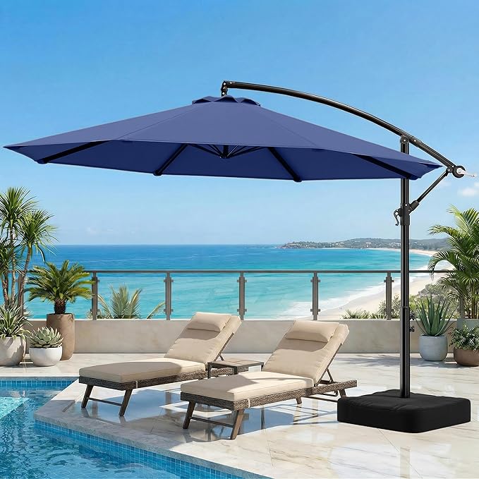 OLILAWN Cantilever Offset Patio Umbrellas, Outdoor 10 feet Large Patio Umbrella with Base Included, Upgraded Yarn-dyed Fabric Shade, Sturdy 8 Rids, 360 Degree Rotation & Easy Tilt Adjustment, for Pool Deck Porch Backyard Garden, Sapphire