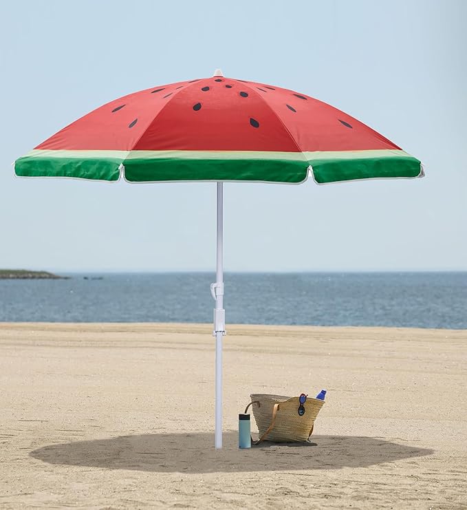 6.5ft Outdoor Beach Umbrella with Sand Anchor, Tilt and UV50+ Sun Protection, Lightweight & Portable, Perfect for Beach, Camping, Sports, Pool,Gardens and Balcony (6.5ft, Watermelon)