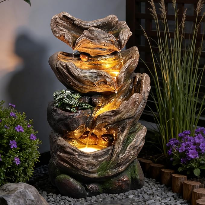 4-Tier Cascading Outdoor Water Fountain, 25.2" H Realistic Tree Trunk Garden Waterfall Fountains for Outside, Water Fountain Outdoor with Lights for Patio, Yard, Deck, Porch and Home Decor