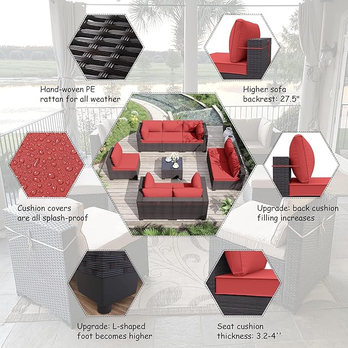 ALAULM 9 Pieces Patio Furniture Set Wicker Patio Conversation Set with 4 Corner Sofas, Outdoor Sectional Furniture w/Coffee Table & Washable Seat Cushions-Red