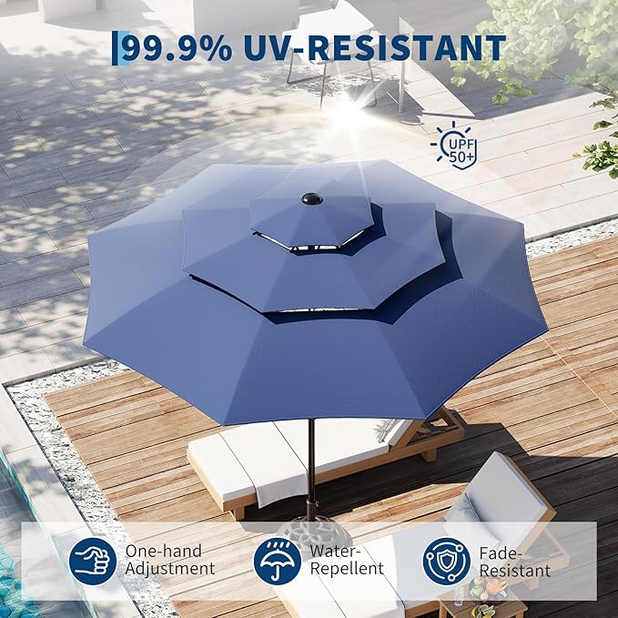 Garvee 10Ft 3-Tier Patio Umbrella, Outdoor Table Umbrella with Vents, Easy Crank and Push Button Tilt, Market Umbrella with 8 Sturdy Ribs for Pool, Deck, Yard, Garden -Navy Blue