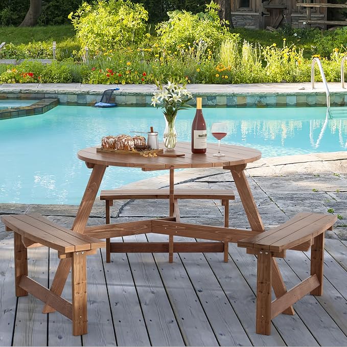 GYMAX Picnic Table, 6 People 1720lbs Wooden Picnic Table Bench Set with Umbrella Hole, Heavy Duty Outdoor Camping Dining Table with Seat for Patio Lawn Backyard Garden Deck Poolside