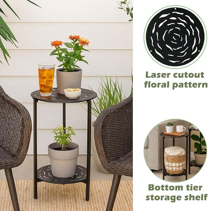2 Packs Two-tier Metal Round Side Table Black Accent Coffee Tables Small Space Corner Plant Stand Shelf for Indoor Outdoor Use Patio Balcony End Table Laser-Cut Floral Pattern Weather-Resistant