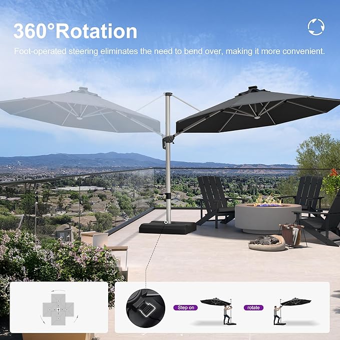 PURPLE LEAF Cantilever Umbrella with base 11ft Outdoor Round Patio Solar Powered LED Umbrella with 360-degree Rotation for Garden Deck Pool Patio, Grey