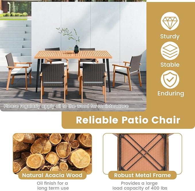 Tangkula 7 Pieces Patio Dining Table Set, Outdoor Rectangular Acacia Wood Table with 1.97” Umbrella Hole & 6 Cushioned Armchairs, for Garden, Deck, Yard