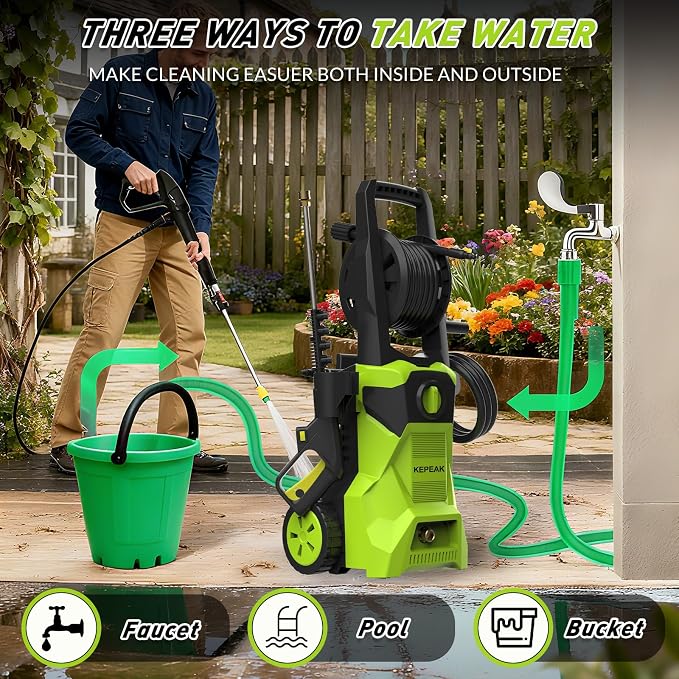 KEPEAK 5000PSI Portable PowerWasher with 4 Quick Connect Nozzles, Foam Cannon, 52ft Hose Reel, for Cars Fences Driveways Patios