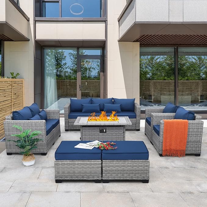 Rattaner Patio Furniture Set with 45-Inch Fire Pit 7-Piece Outdoor Furniture Sets Patio Couch Outdoor Chairs 60000 BTU Propane Fire Pit Table Non-Slip Cushions and Waterproof Covers, Navy Blue