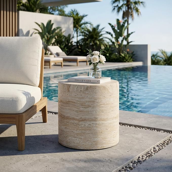 Outdoor Side Table Faux Marble End Table Travertine End Tables Concrete Side Tables Faux Stone Small Coffee Tables for Patio, Garden Stool Plant Stand for Porch Backyard, 15.5"*16" Cylindrical Beige