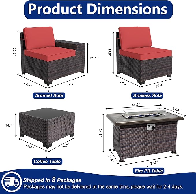 Outdoor Patio Furniture Set with Gas Fire Pit Table, 13 Pieces Outdoor Furniture Set Patio Sectional Sofa w/43in Propane Fire Pit, PE Wicker Rattan Patio Conversation Sets - Red