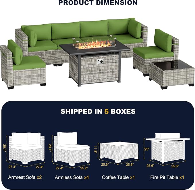 8-Piece Outdoor Patio Furniture Set with 55,000 BTU Fire Pit Table, PE Wicker Rattan Sectional Sofa Conversation Set - All-Weather Garden, Backyard Furniture, Avocado Green