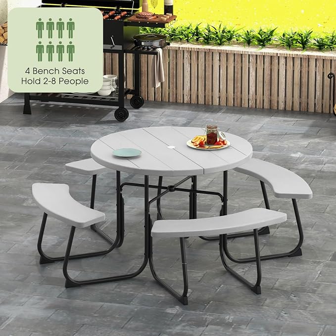 Giantex Picnic Table Set for Up to 8 Persons, Round Outdoor Table and Bench Set with Umbrella Hole, HDPE Top & Metal Frame, 2000LBS Capacity, Patio Table Bench for Deck Backyard Garden (Gray)