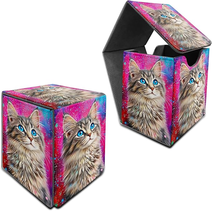 Deck Box for MTG, Cards Storage Box Fits 120+ Sleeved, Leather Medium Size Strong Magnetic Closing Card Case for Board Games Magic TCG CCG Baseball Collection, Cute Blue Eyed Cat