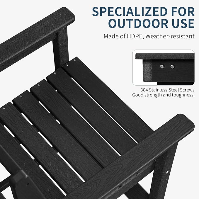Adirondack Bar Chair Set of 2, All Weather HDPE Counter Height Bar Chair with Wide Armrests & Footrest, Heavy-Duty Outdoor Bar Height Barstools Set for Patio, Balcony, Pool, Backyard, Black