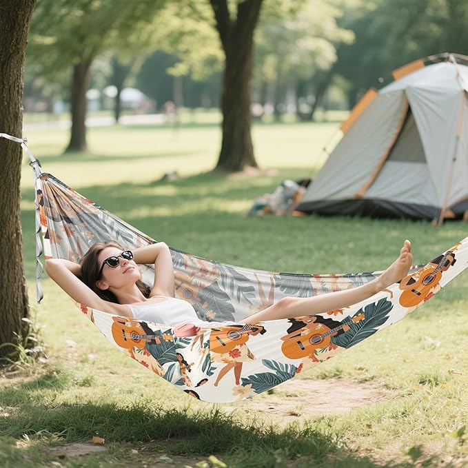 Camping Hammock Outdoor Hammocks for Outside Hawaii Guitar Tropical Plants Beach Trees Portable Lightweight with Pockets Tree Straps Indoor Small