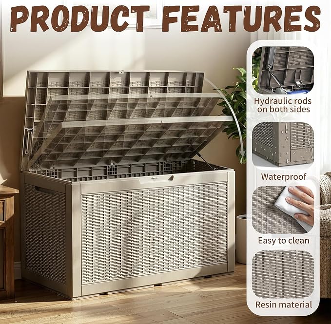 110 Gallon Outdoor Deck Storage Box, Weatherproof Rattan Weave Lockable Storage Bin for Backyard, Pool & Patio Large Outdoor Equipment Storage (Grey,110GAL-1)