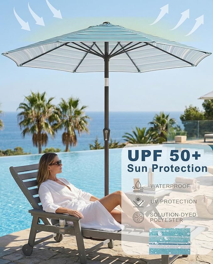 PatioKingdom Auto-Tilt 9FT Patio Umbrella Outdoor with 8 Sturdy Fiberglass Ribs,Market Table Umbrella for Pool,Backyard,Deck and Garden