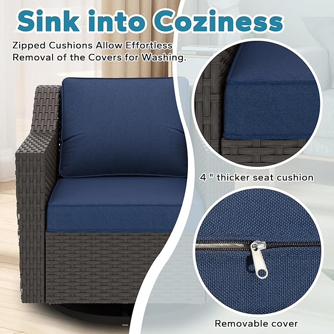 7 Pieces Patio Conversation Furniture Set - 2 Sofas, 2 Ottomans, 2 Swivel Chairs, 1 Side Table, Outdoor Wicker Furniture with Removable Cushions for Porch, Balcony, Sunroom (Blue)