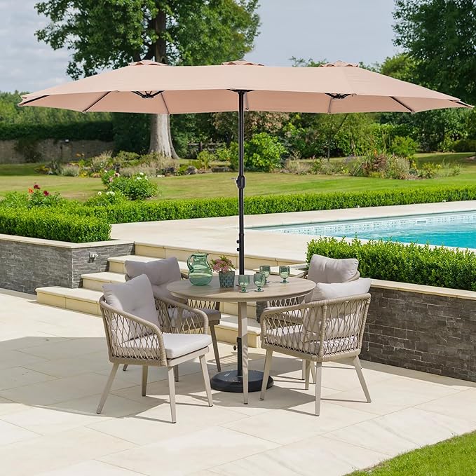 HERA'S PALACE Umbrella Patio Outdoor with Base 15ft Rectangle Table Double Market Umbrellas Clearance Large Included Stand for Deck Outside Pool Picnic Inground Yard Commercial, Beige