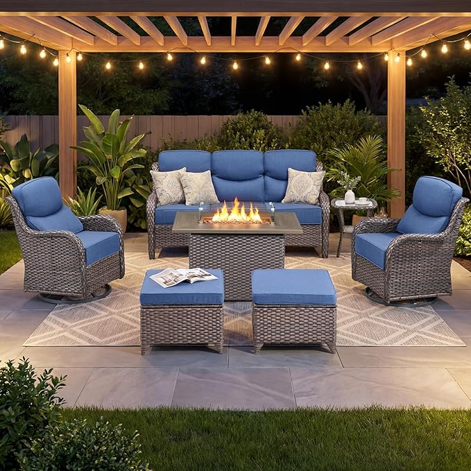 Luxury Patio Furniture Set with 6-inch Thick Cushion, Outdoor Furniture with Fire Pit Table, Swivel Chairs, Sofa, Side Table, Ottomans, 7pcs Wicker Conversation Set for Deck Yard and Poolside(Blue)