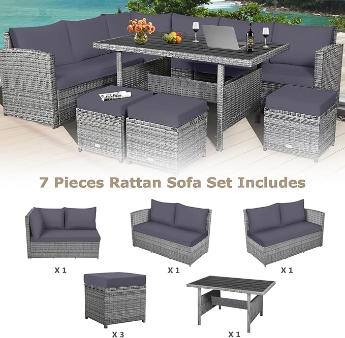 HAPPYGRILL 7 Pieces Rattan Wicker Patio Conversation Set, Outdoor Patio Furniture Set with Cushions, Rattan Sofa Set with Dining Table & Ottomans for Poolside Backyard Balcony Garden (Grey)