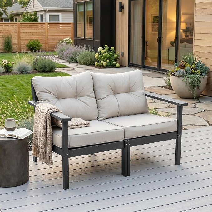 2 Seat HDPE Patio Loveseat, Outdoor Conversation Bench, Patio Furniture | Water-Resistant Thick Cushion, HDPE All Weather, Wood-Grain, No Rot or Rust or Crack, UV Fade Shield, Easy-Clean for Outside