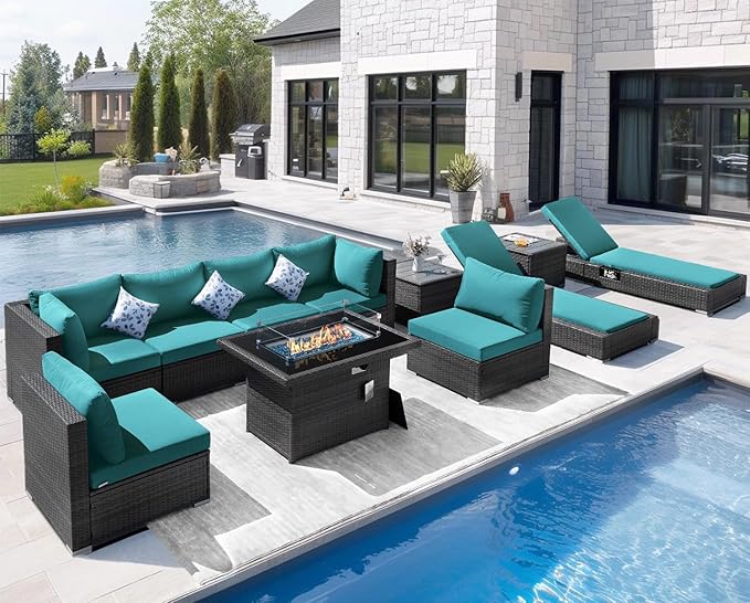 NICESOUL 11 Piece Outdoor Patio Furniture Set with Fire Pit Natural Gas/Propane, 29.3'' High Back Comfy Wicker Seactional w/Chaise Lounge, Large Deep Seat Backyard Seating, Turquoise & Grey