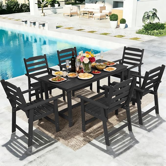 FUNBERRY Outdoor Dining Set, HDPE 7 Piece Dining Table Set with Chairs | 2" Umbrella Hole Table, Wood-Grain, HDPE All Weather, No Rot or Rust or Crack, UV Fade Shield, Easy-Clean for Outside