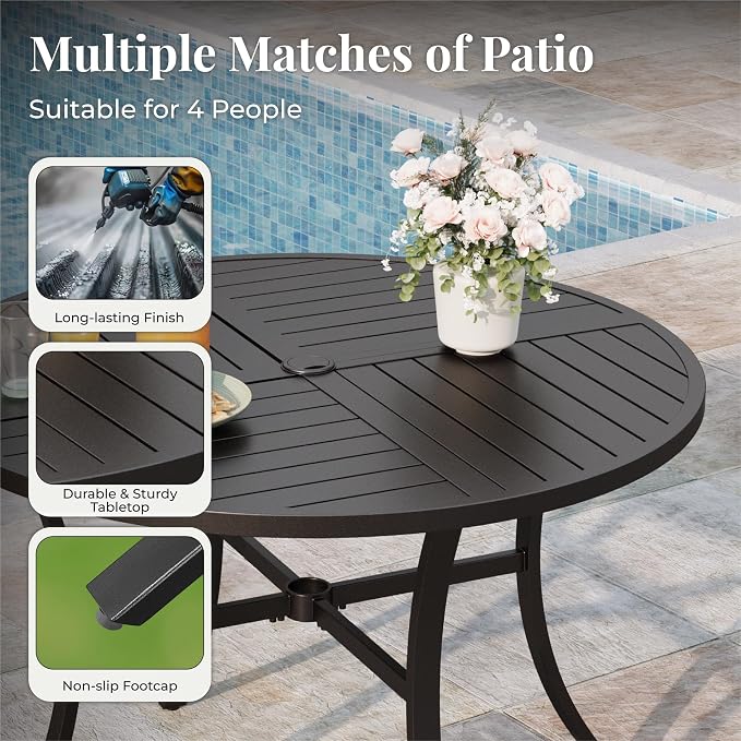 MIXPATIO Patio Table and Chairs Set for 4, 5 Pieces Outdoor Dining Set, 4 Brown Textilene Chairs and 42" Metal Round Table with Umbrella Hole, for Deck Garden Backyard Lawn Poolside