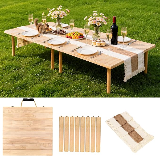 60" x 30" Boho Low Picnic Table, Portable Wooden Folding Picnic Table with Table Runner for Camping, Beach, Garden, Picnic, Party, Indoor & Outdoor Use, Seats 6-8 People, 8-Leg Design