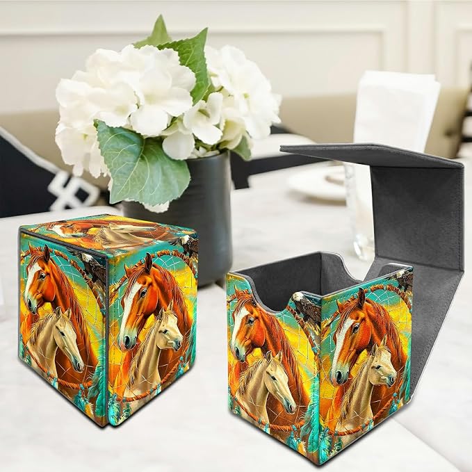 Deck Box for MTG, Cards Storage Box Fits 120+ Sleeved, Leather Medium Size Strong Magnetic Closing Card Case for Board Games Magic TCG CCG Baseball Collection, Two Horses Paving Dream Net