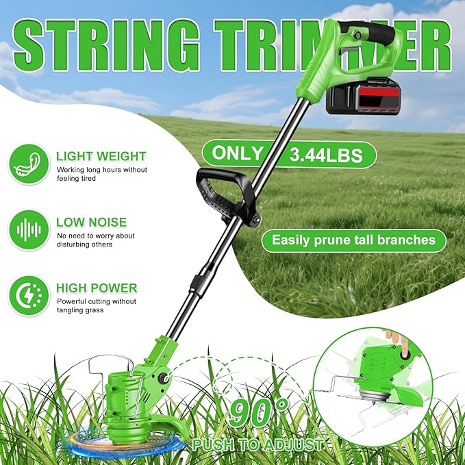 Electric Weed Wacker String Weed Eater Cordless Grass Trimmer 21V Battery Powered String Trimmer with 2x2.0ah Battery and Charger Brush Cutter/Edger/Mower with 3 Types Blade for Garden Lawn(Green)