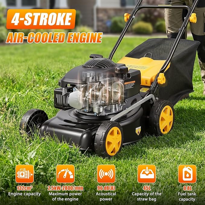 16” Self Propelled Gas Push Lawn Mower,132cc 4-Stroke Air-Cooled Engine,3-in-1 Mowers with 45L Grass Catcher,8-Position Cutting Height (25-75mm),400mm Cutting Width,Hand Push Lawn Mower for Yard