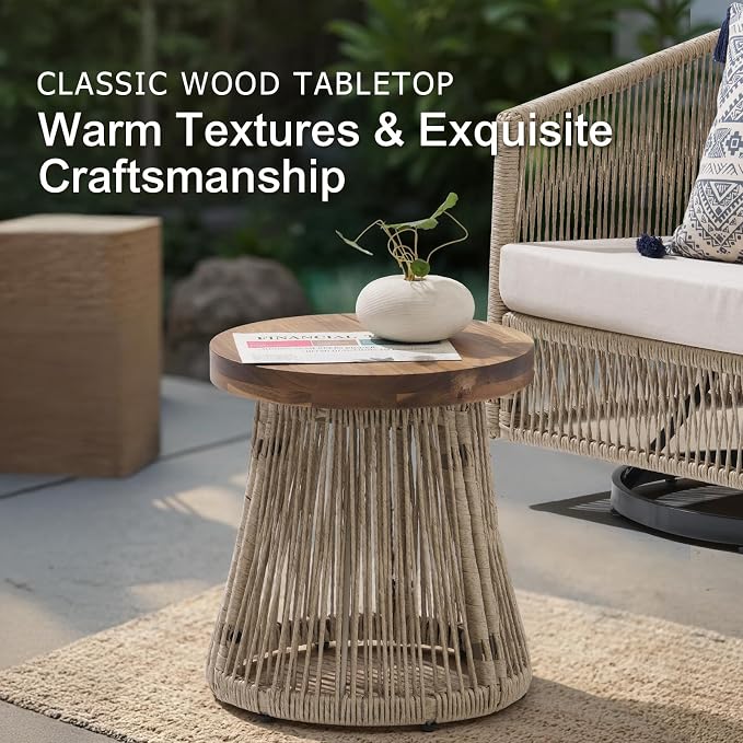SUNSITT 3-Piece Patio Furniture Set, Outdoor Swivel Chairs with Wood Top Coffee Table, Modern Open Weave Wicker Patio Set for Balcony, Porch, Backyard, Deck, Natural Color