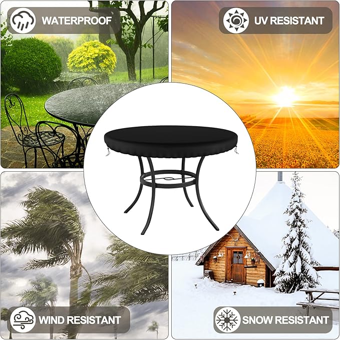 Demao Outdoor Round Table Covers, Waterproof Patio Furniture Covers, UV Resistant Anti-Fading Patio Cover for Outdoor Round Table, Black, 48 inch Diameter