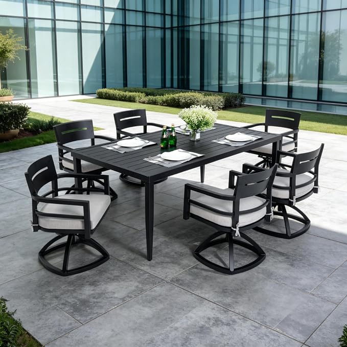7-Piece Outdoor Patio Aluminum Furniture, 70” Rectangle Dining Table with Umbrella Hole and 6 Swivel Rockers Chairs, Modern Dining Set for Patio Backyard, Garden, Ember Black