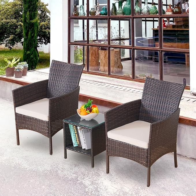 3 Pieces Patio Furniture Sets Outdoor PE Rattan Small Patio Furniture Set with Soft Cushion and Glass Coffee Table with Storage for Garden Backyard Porch Weather-Resistant (Brown/Beige-1)